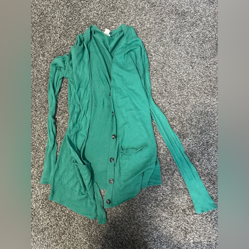 Green Long Cardigan with Pockets & Buttons